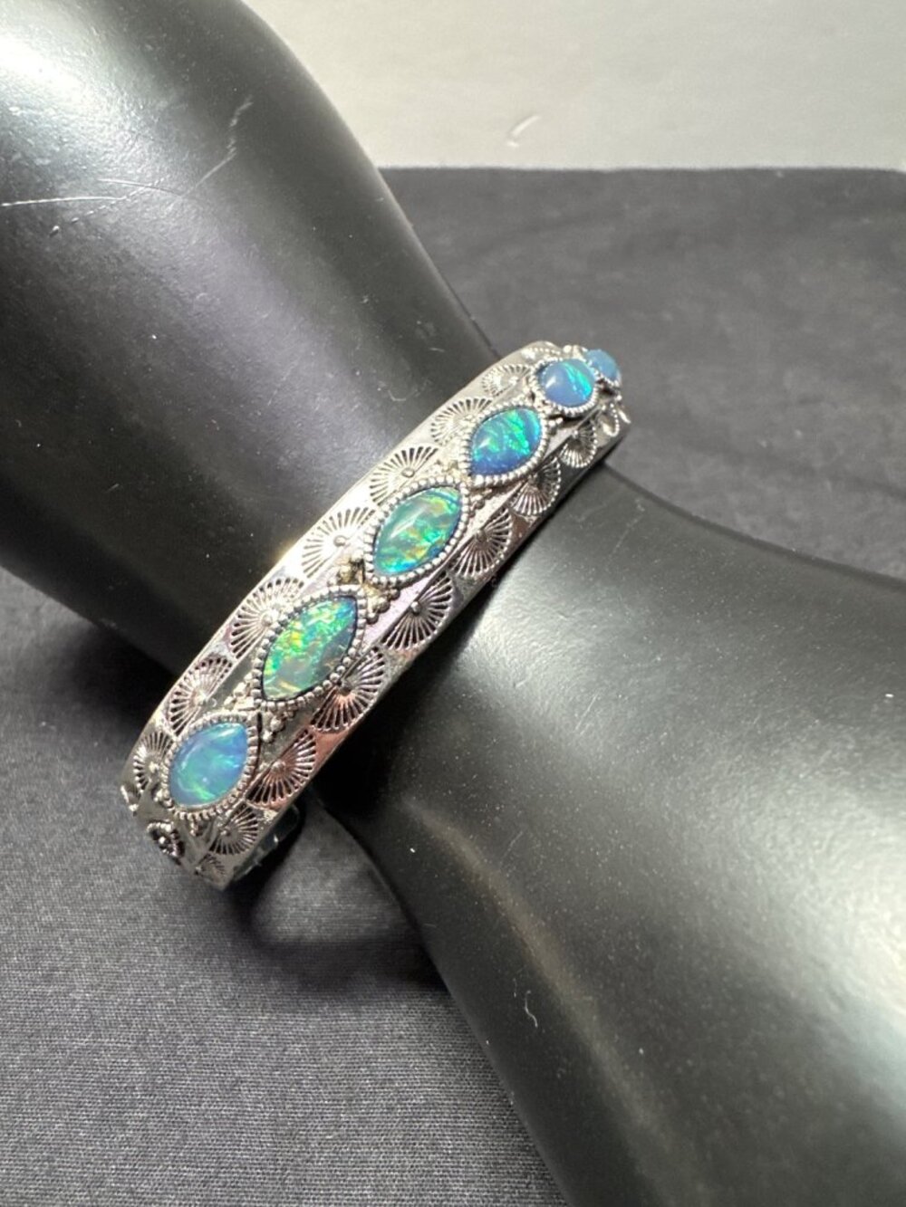 Vintage Silver Cuff Bracelet Blue Opal Stones Engraved Floral Design 2.5-Inch In